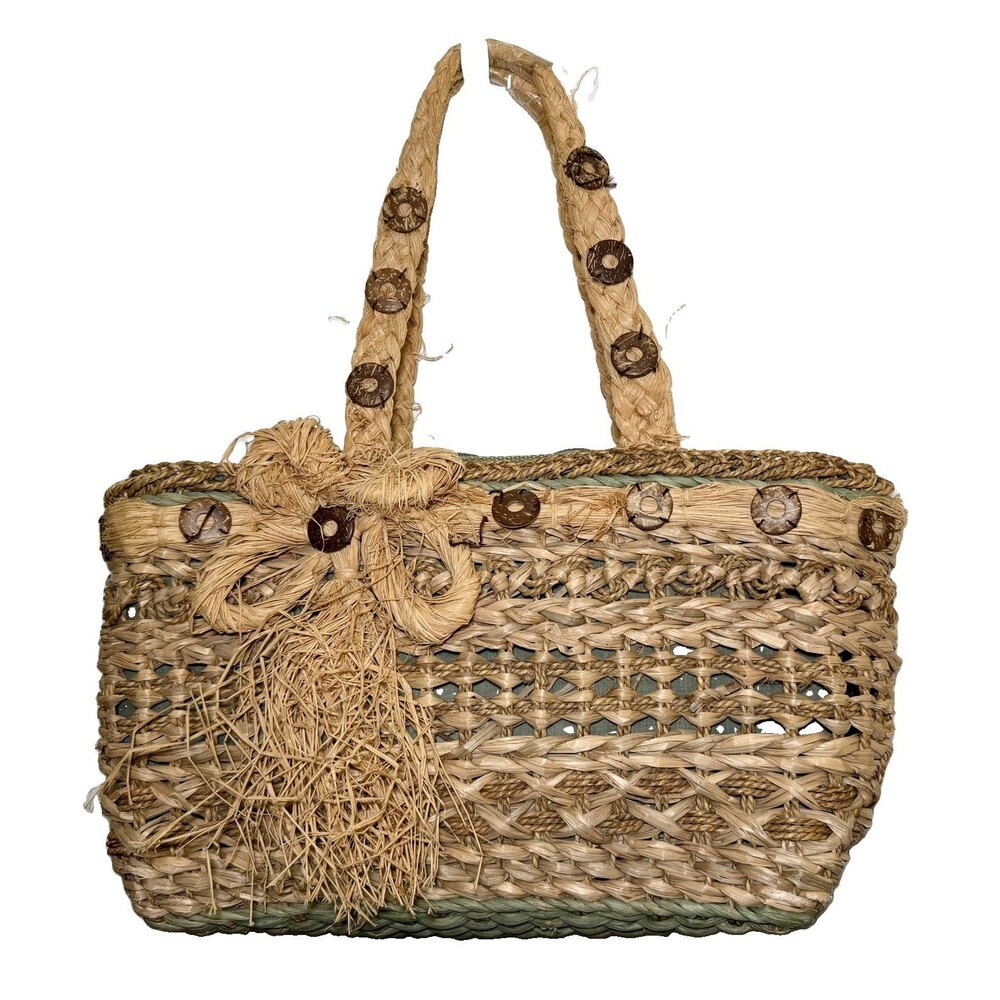 Sun ’N’ Sand Woven Straw Raffia Tote Bag Coconut Buttons Boho Beach Purse